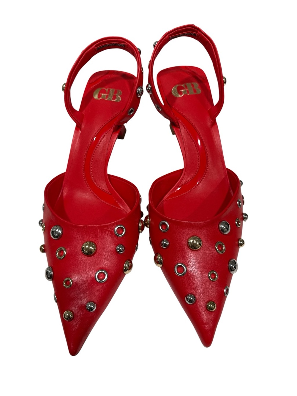 GB Office Siren Red Studded Pointed-Toe Slingback Heels - Picture 2 of 6